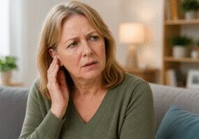 Worried woman touching her ear
