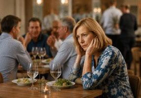 Pensive woman sitting alone at restaurant